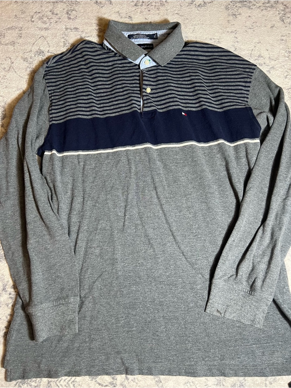 Tommy Hilfiger Gray & Navy Long Sleeve Polo with Stripes